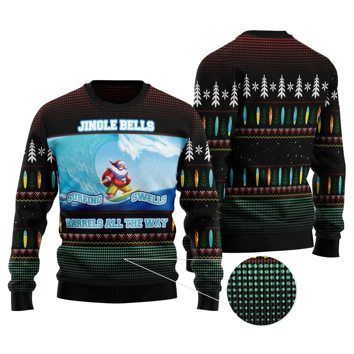 Santa Claus Surfing Ugly Christmas Sweater, Surfing Santa Beach Holiday Pullover for Surfers and Tropical Christmas Fans
