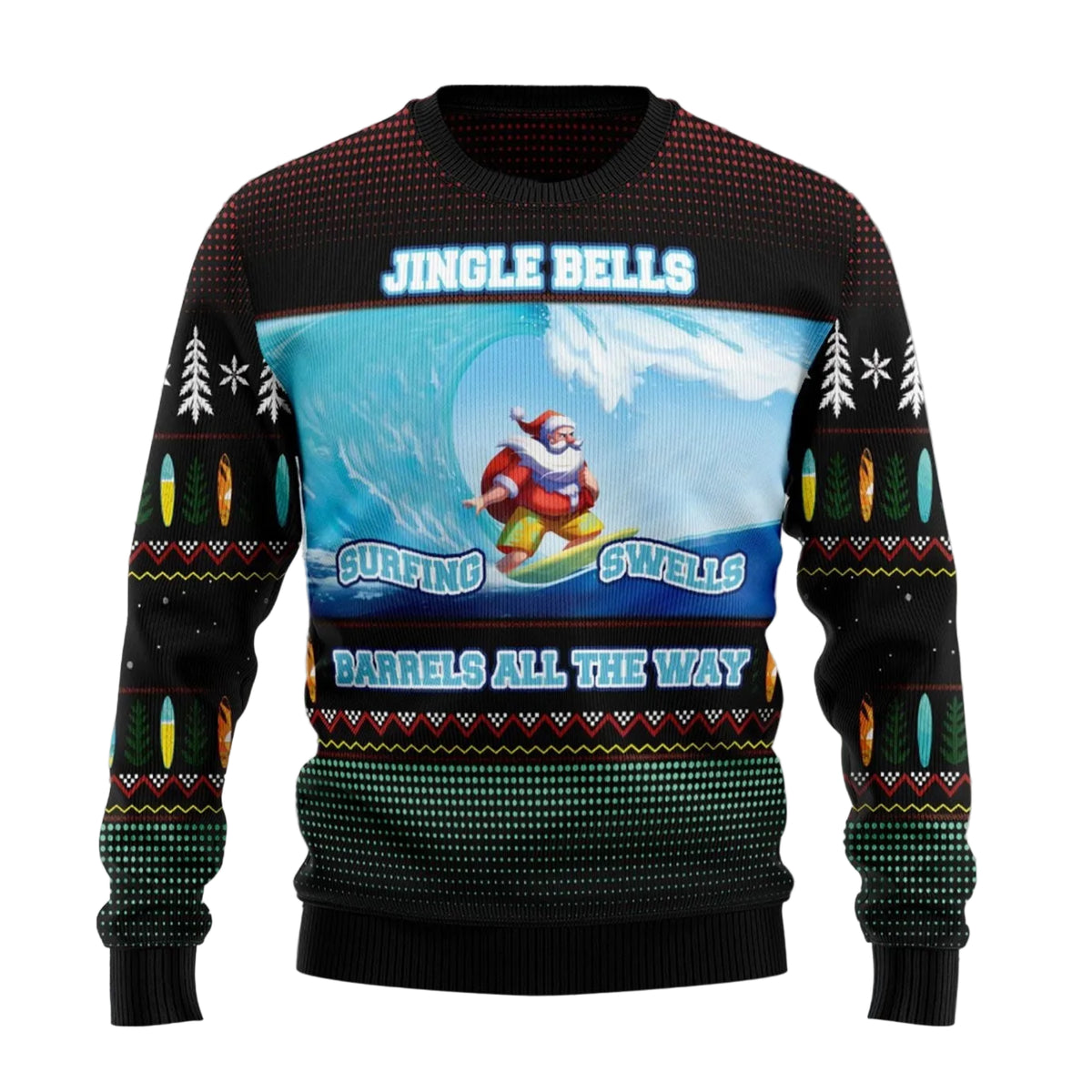 Santa Claus Surfing Ugly Christmas Sweater, Surfing Santa Beach Holiday Pullover for Surfers and Tropical Christmas Fans