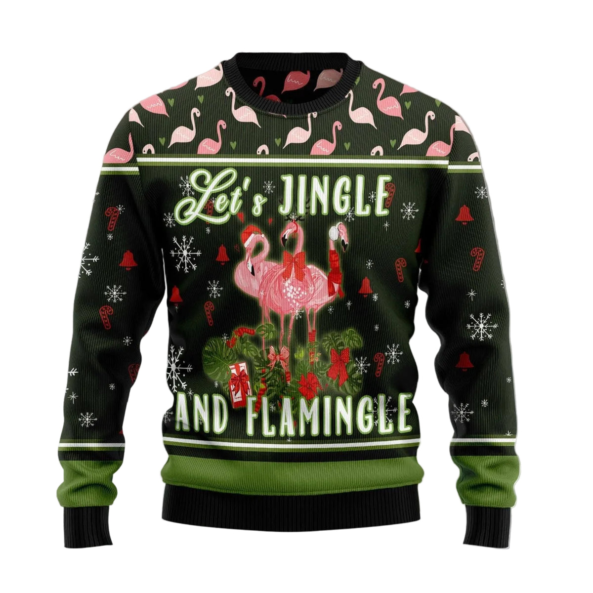 Let's Jingle and Flamingle Ugly Christmas Sweater, Funny Flamingo Jingle Christmas Pun, Holiday Sweater for Adults