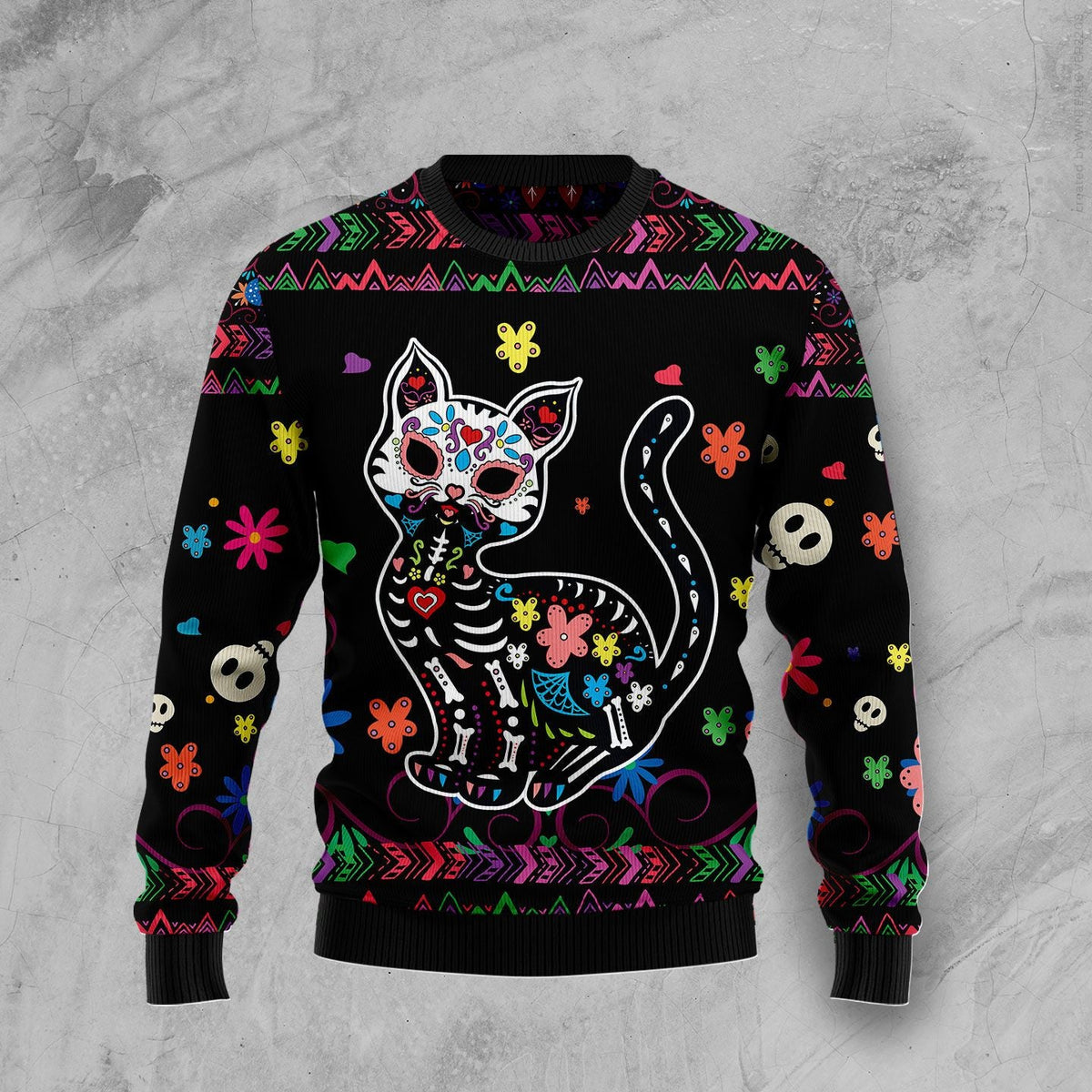 Cat Sugar Skull Ugly Christmas Sweater | Festive Party Top for Cat Lovers | Fun Gift for Cat Lovers and Friends