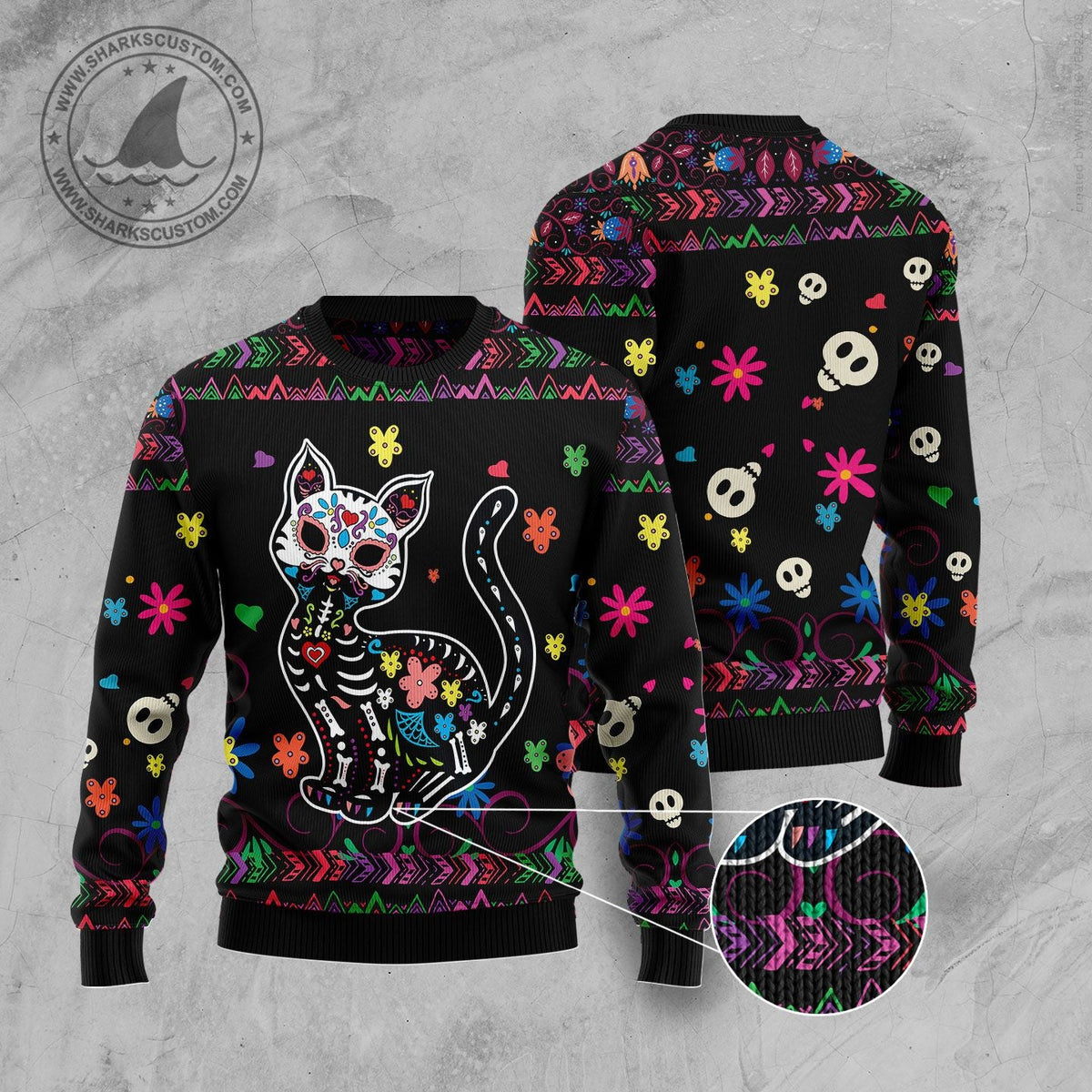 Cat Sugar Skull Ugly Christmas Sweater | Festive Party Top for Cat Lovers | Fun Gift for Cat Lovers and Friends