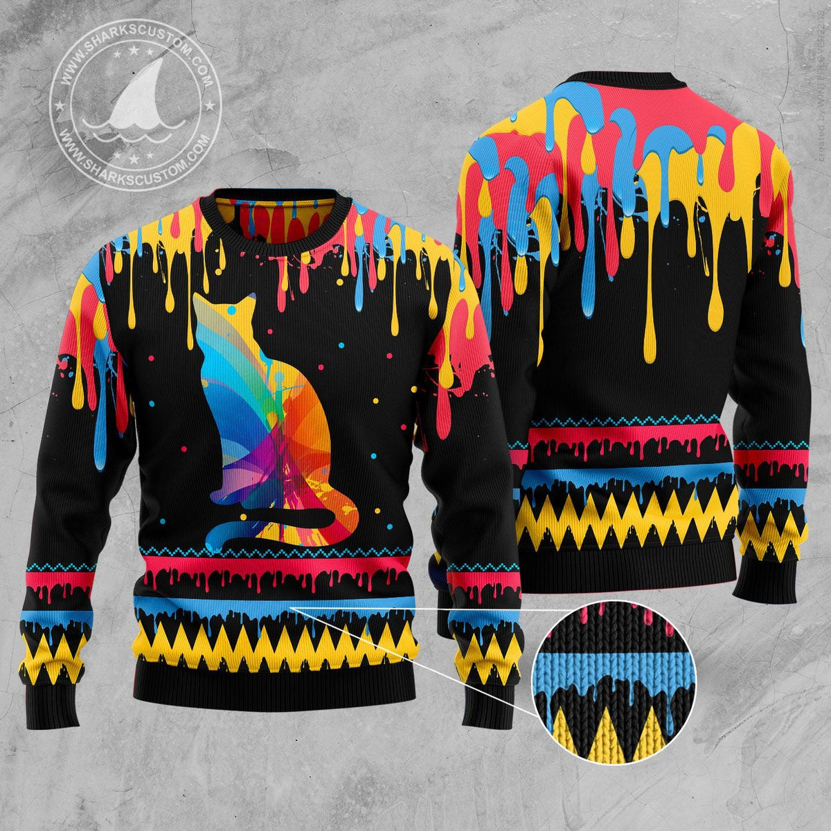 Colorful Cat Beauty Ugly Christmas Sweater, Rainbow Cat Art Holiday Pullover for Cat Moms and Cat Lovers, Xmas Gifts