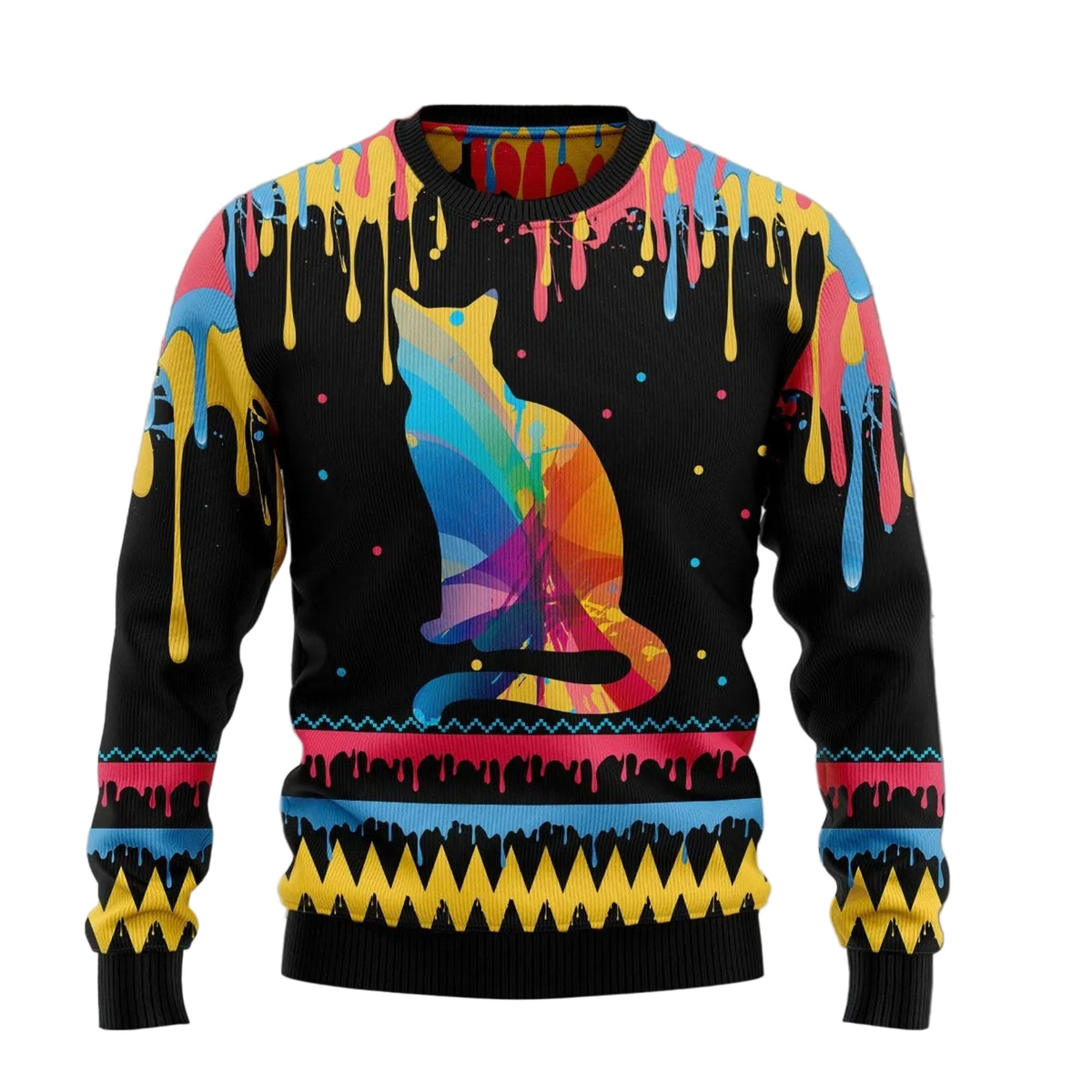Colorful Cat Beauty Ugly Christmas Sweater, Rainbow Cat Art Holiday Pullover for Cat Moms and Cat Lovers, Xmas Gifts