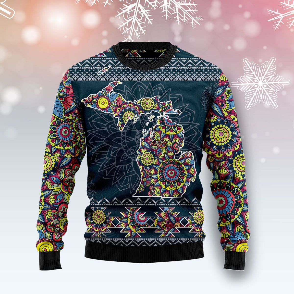 Michigan Blue Mandala Ugly Christmas Sweater, Blue Floral Mandala Holiday Pullover for Michigan Lovers and Art Fans