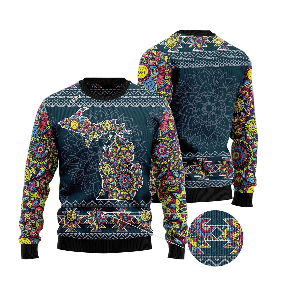 Michigan Blue Mandala Ugly Christmas Sweater, Blue Floral Mandala Holiday Pullover for Michigan Lovers and Art Fans