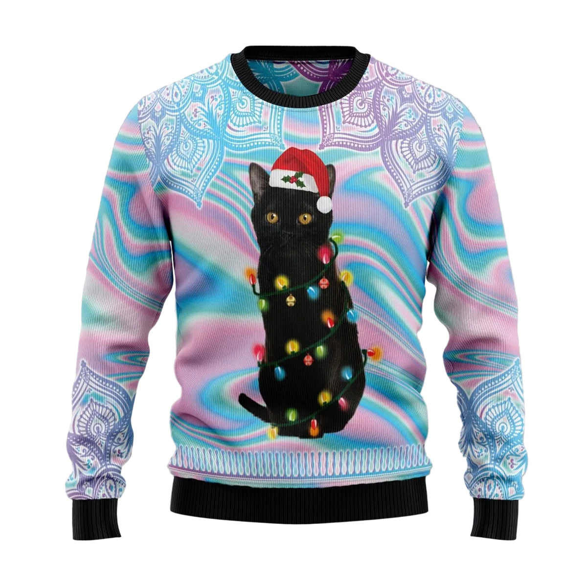 Black Cat Hologram Pattern Ugly Christmas Sweater, Holiday Party Sweater for Adults and Gift for Black Cat Lovers