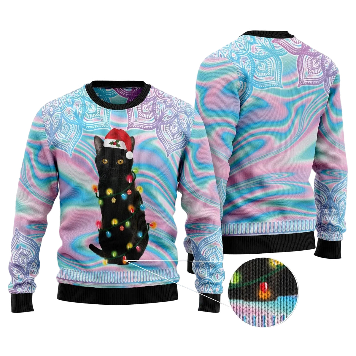 Black Cat Hologram Pattern Ugly Christmas Sweater, Holiday Party Sweater for Adults and Gift for Black Cat Lovers