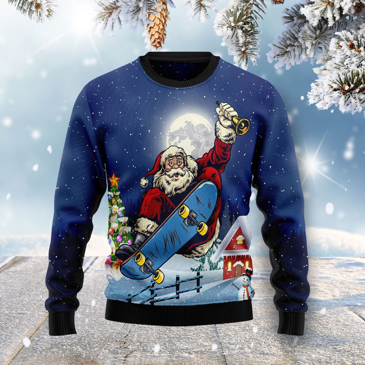 Santa Claus Playing Skateboard Ugly Christmas Sweater | Unisex Holiday Party Outfit | Cozy Seasonal Party Style