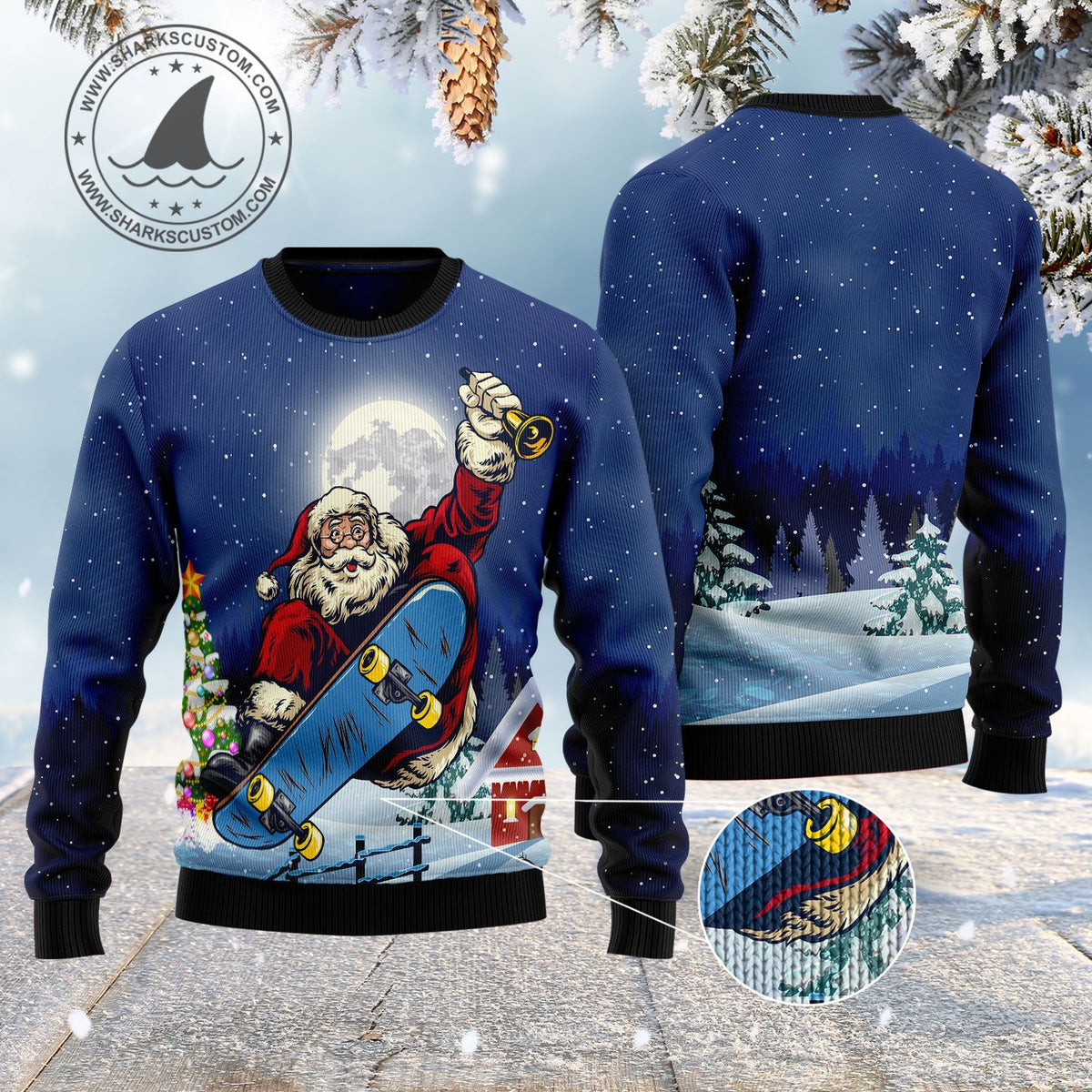 Santa Claus Playing Skateboard Ugly Christmas Sweater | Unisex Holiday Party Outfit | Cozy Seasonal Party Style