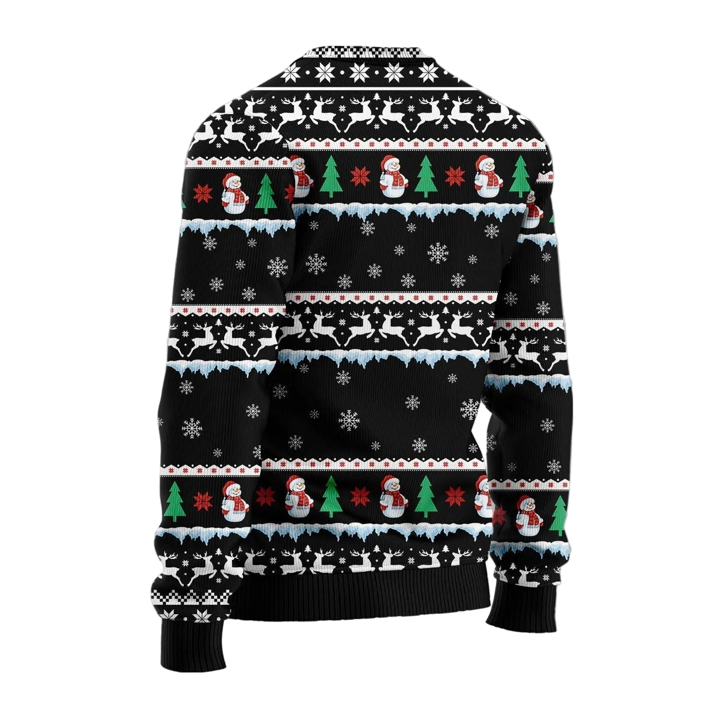 A long-sleeve crewneck sweater with a festive Christmas pattern, featuring snowmen, Santa Claus, reindeer, snow trees, and snowflakes on a black background, displayed against a textured gray background.