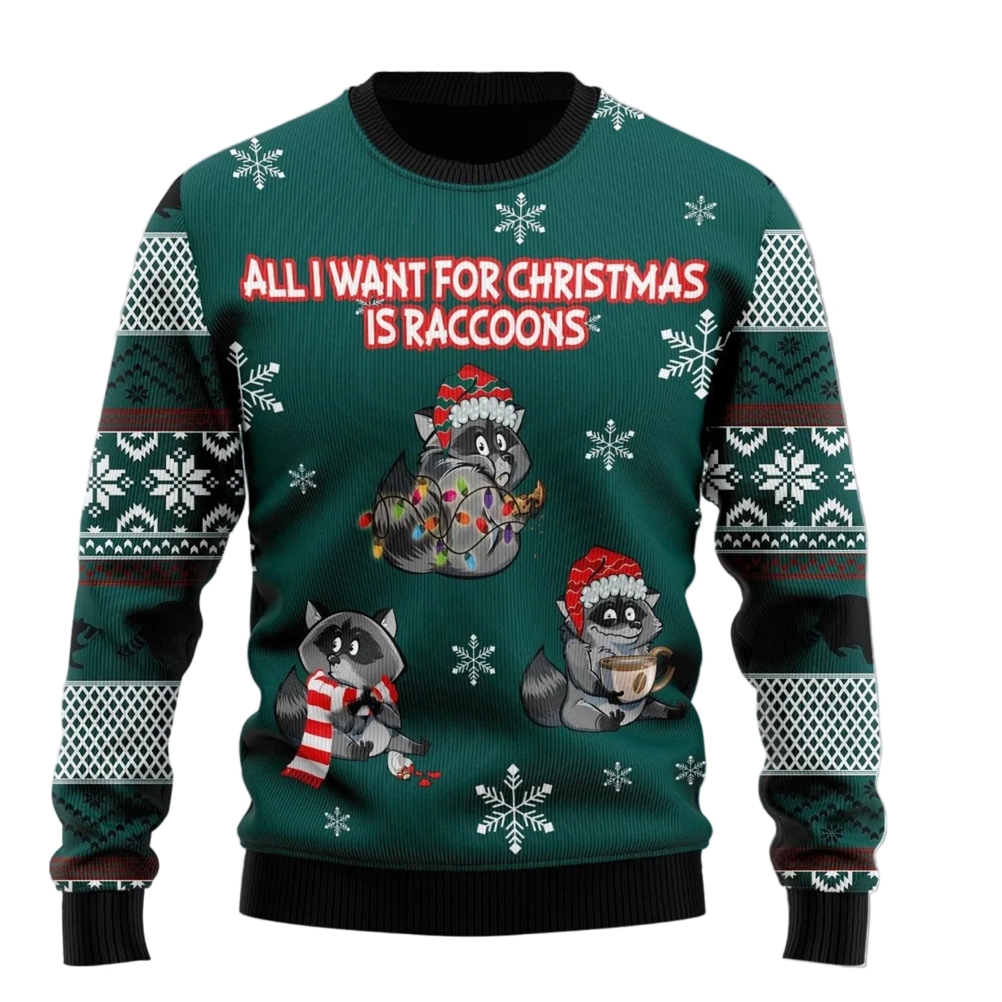 All I Want for Christmas Is Raccoons Ugly Christmas Sweater, Unisex Holiday Party Outfit, Gift for Raccoon Lovers