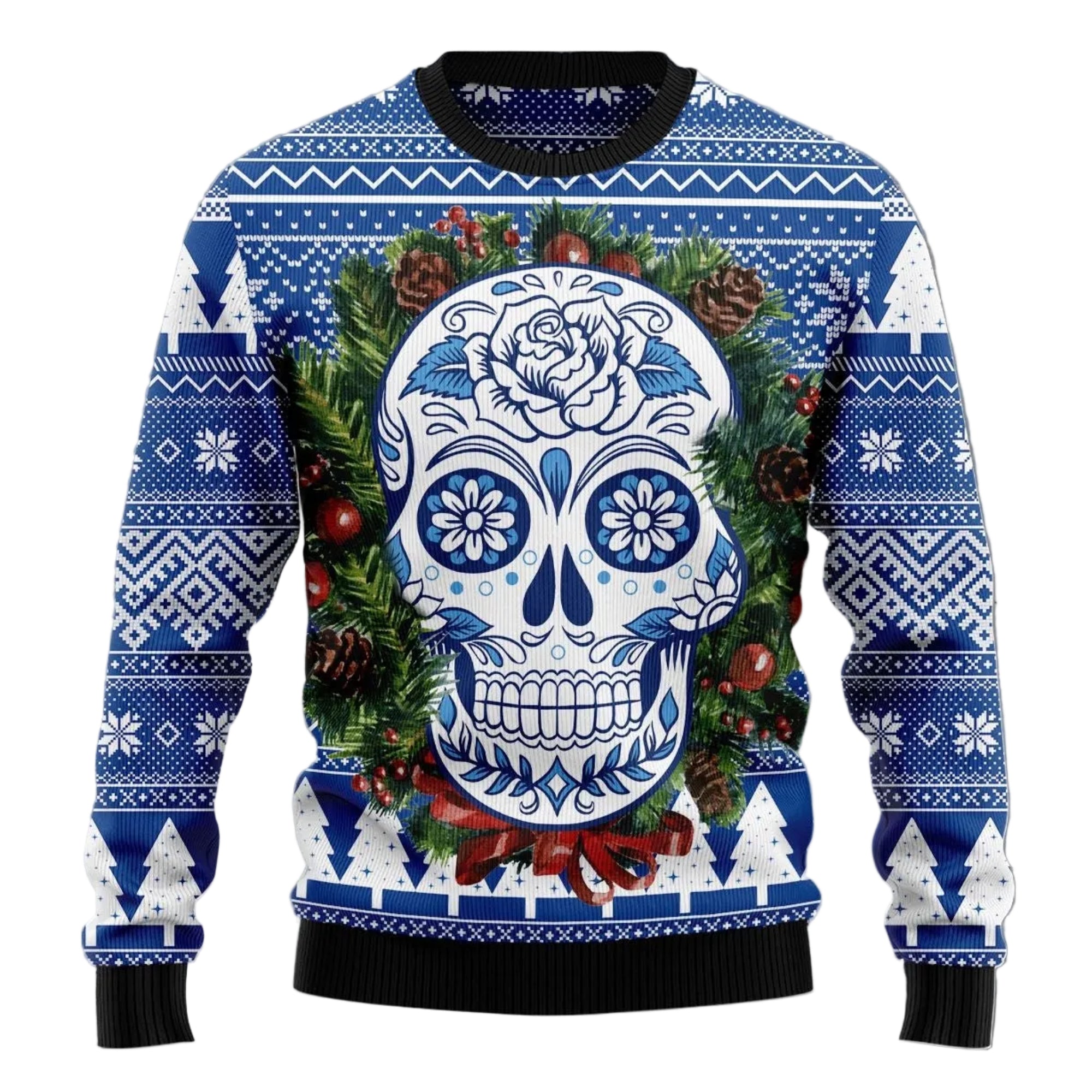 Sugar Skull Christmas Ugly Christmas Sweater, Colorful Skull Holiday Pullover, Christmas Party Outfit for Adults