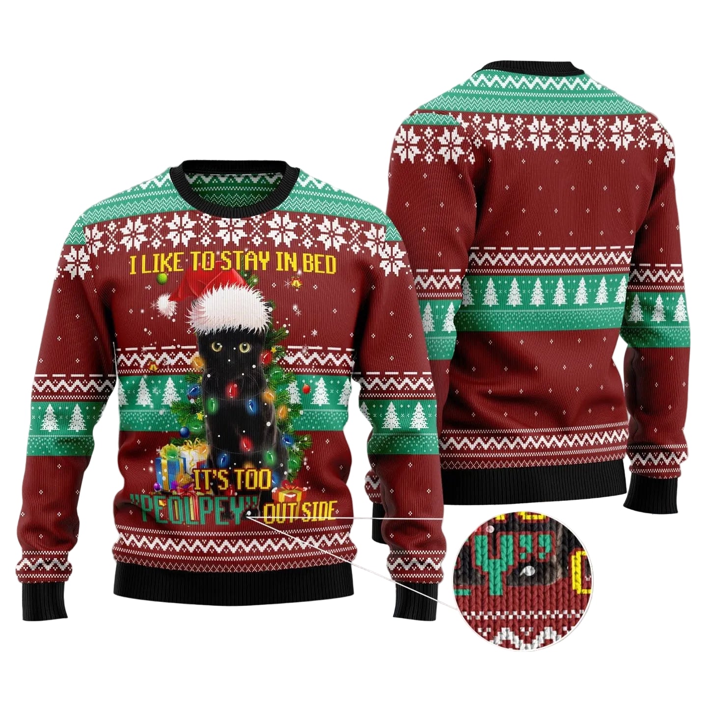 Black Cat Stay in Bed Ugly Christmas Sweater, Funny Cat Holiday Pullover for Cat Lovers and Relaxed Winter Gatherings