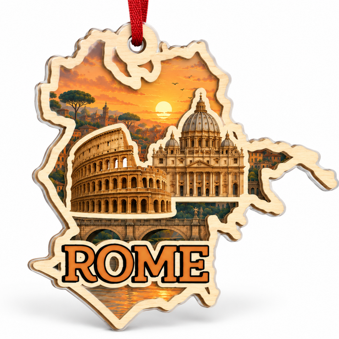 Rome Christmas Ornament, 2 Layer Wood and Acrylic, Christmas Tree Decoration, Travel Souvenir Gift, Xmas Tree Decor