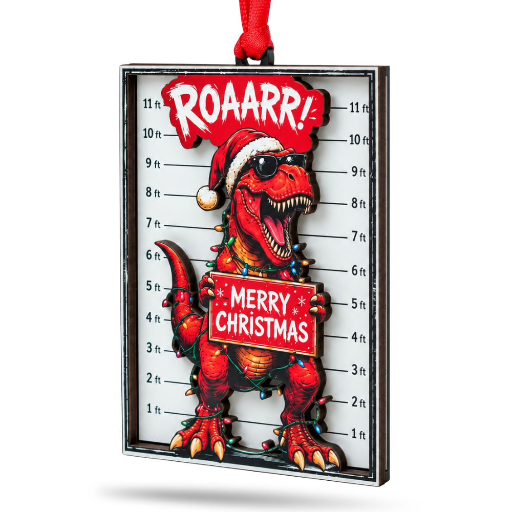 T Rex Christmas Ornament, Wood & Acrylic Christmas Tree Decoration, Holiday Gift for Collectors & Holiday Decor Lovers