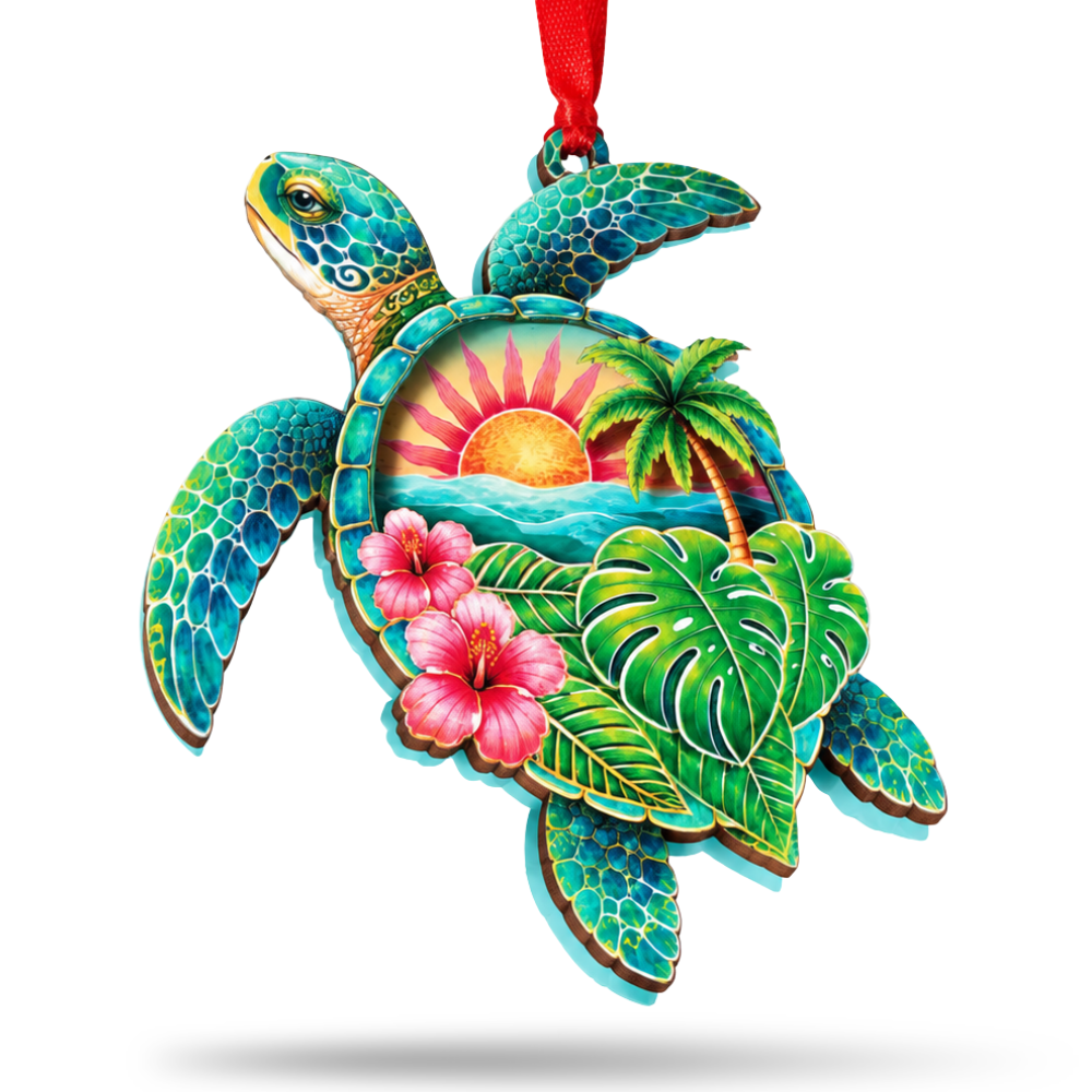 Sea Turtle Christmas Ornament for Tree, Wood & Acrylic Hanging Decor, Xmas Gift for Collectors & Holiday Decor Lovers