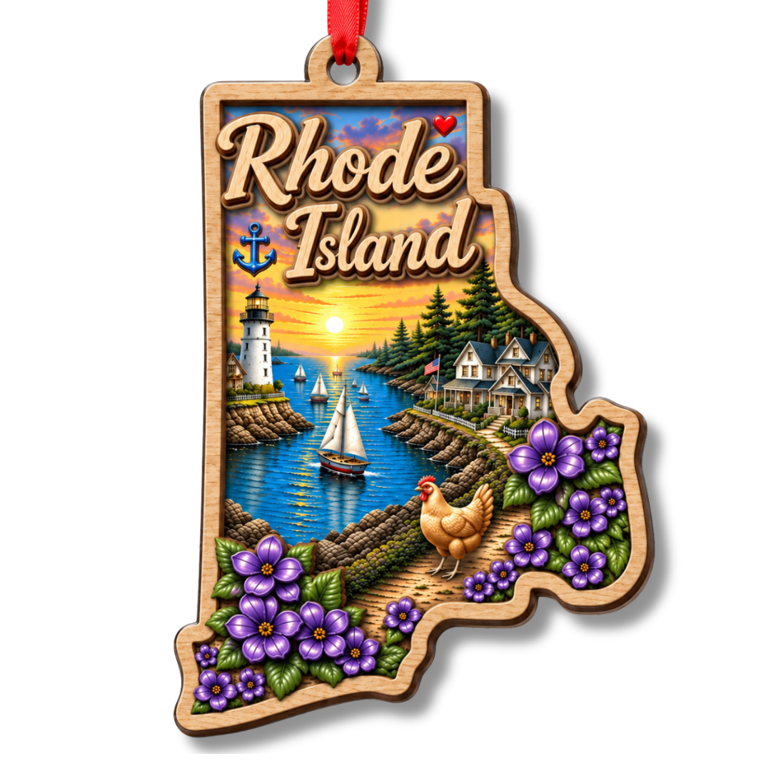 Rhode Island Ornament, 2 Layer Wood and Acrylic, Christmas Tree Decoration, Travel Souvenir Gift, Christmas Ornament