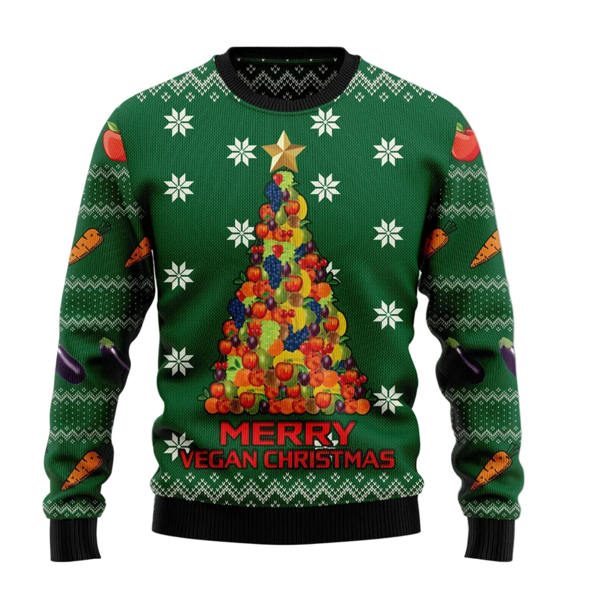 Merry Vegan Christmas Ugly Christmas Sweater, Vegan Themed Holiday Pullover for Plant Based Friends and Festive Dinners