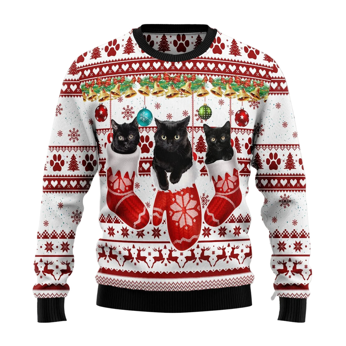 Black Cat Gloves Ugly Christmas Sweater, Black Cat in Winter Gloves Holiday Print, Holiday Sweater for Adults