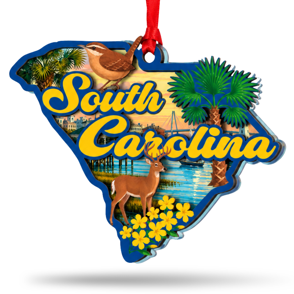South Carolina Christmas Ornament, Wood & Acrylic Tree Decoration, Gift for Christmas and Holiday Decor Lovers