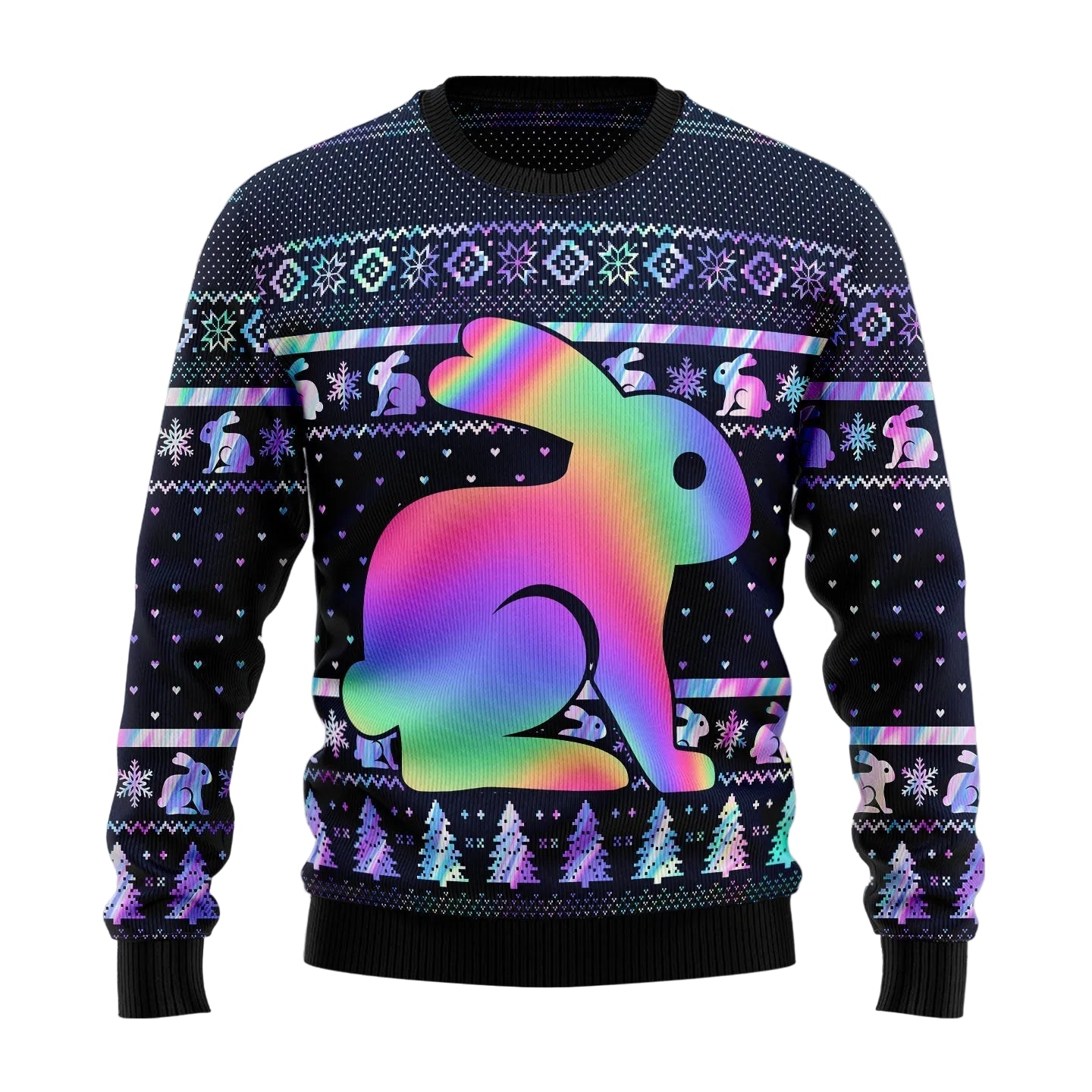 Rabbit Hologram Design Ugly Christmas Sweater, Bunny Lover Holiday Pullover for Rabbit Fans and Festive Winter Parties
