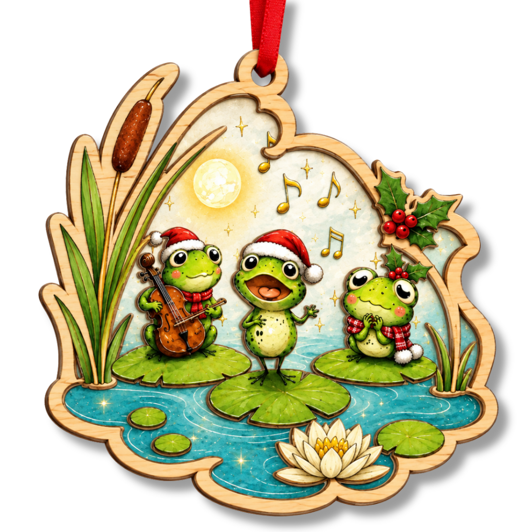 Frog Ornament, 2 Layer Wood and Acrylic, Christmas Tree Decoration, Holiday Gift, Christmas Ornament
