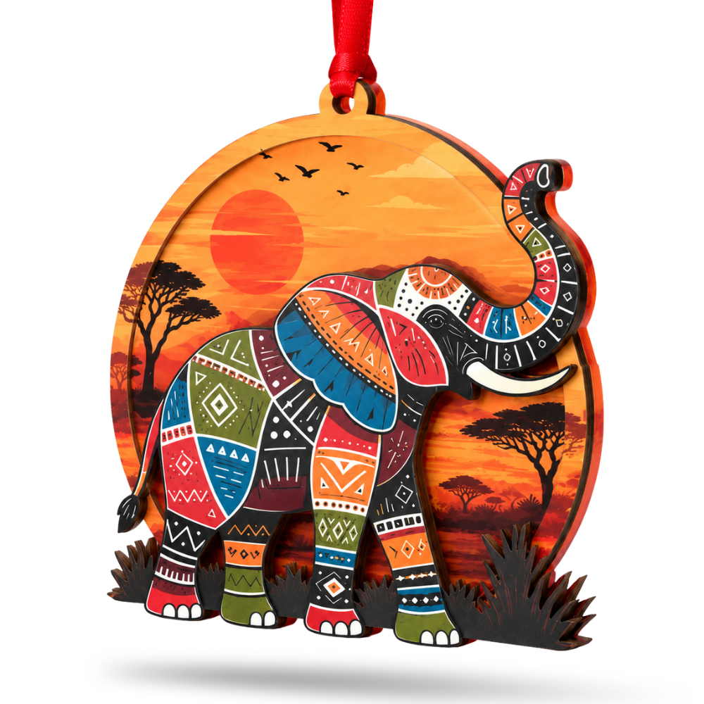 Elephant Christmas Ornament, Wood & Acrylic Christmas Tree Decoration, Holiday Gift for Animal Lovers