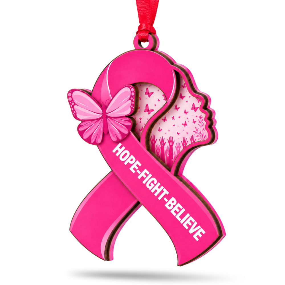 Breast Cancer Christmas Ornament, Wood & Acrylic Christmas Tree Decoration, Holiday Gift for Awareness