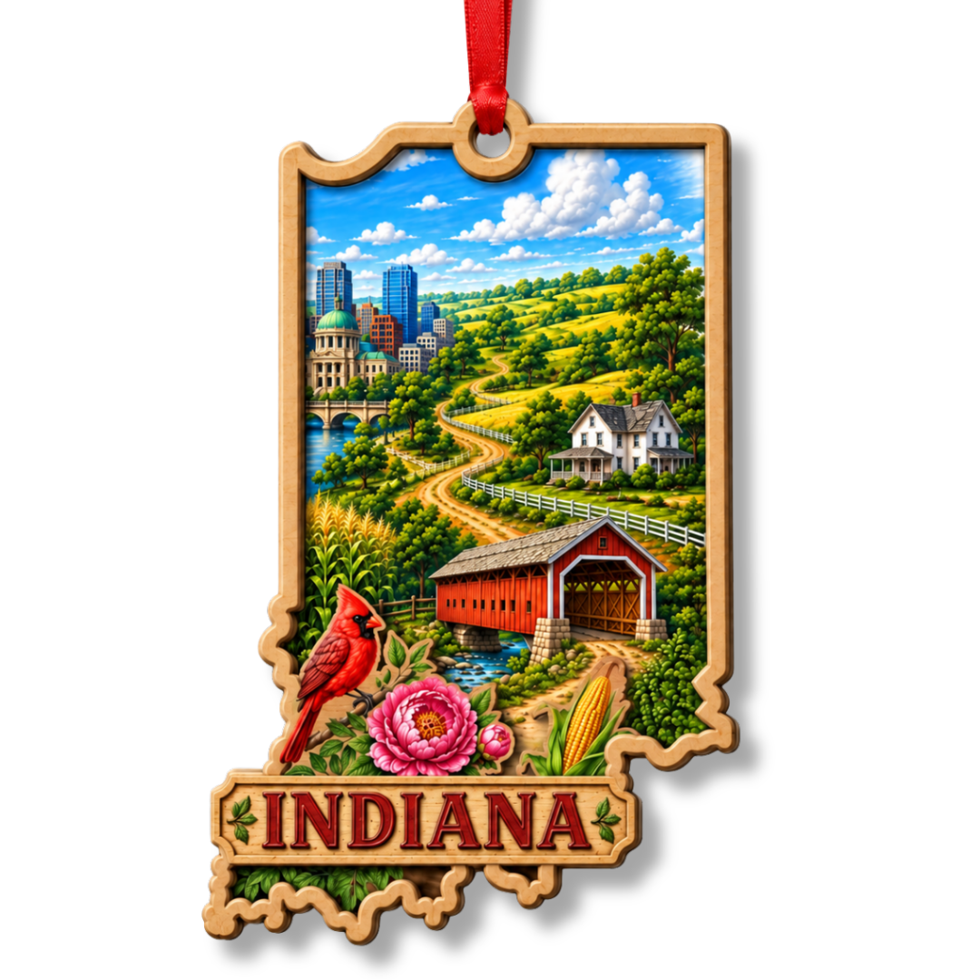 Indiana Ornament, 2 Layer Wood and Acrylic, Christmas Tree Decoration, Travel Souvenir Gift, Christmas Ornament