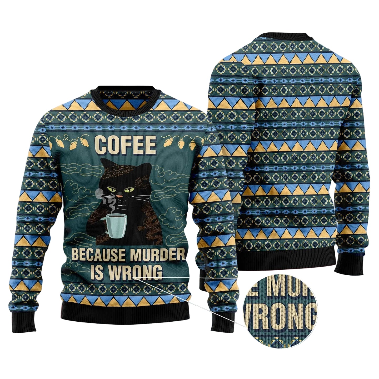 Coffee Cat Ugly Christmas Sweater, Funny Holiday Party Outfit for Cat Moms, Cat Dads and Coffee Lovers