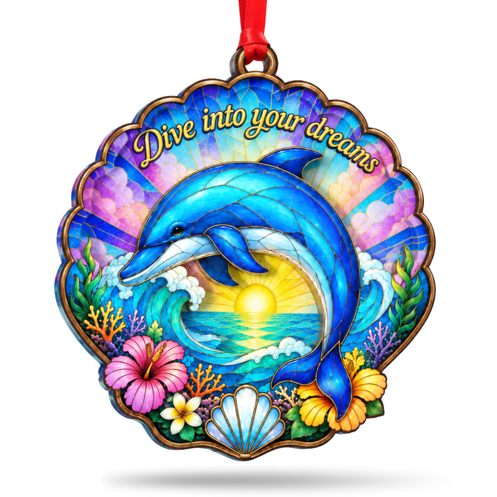 Dolphin Christmas Ornament, Wood & Acrylic Christmas Tree Decoration, Holiday Gift for Collectors & Holiday Decor Lovers