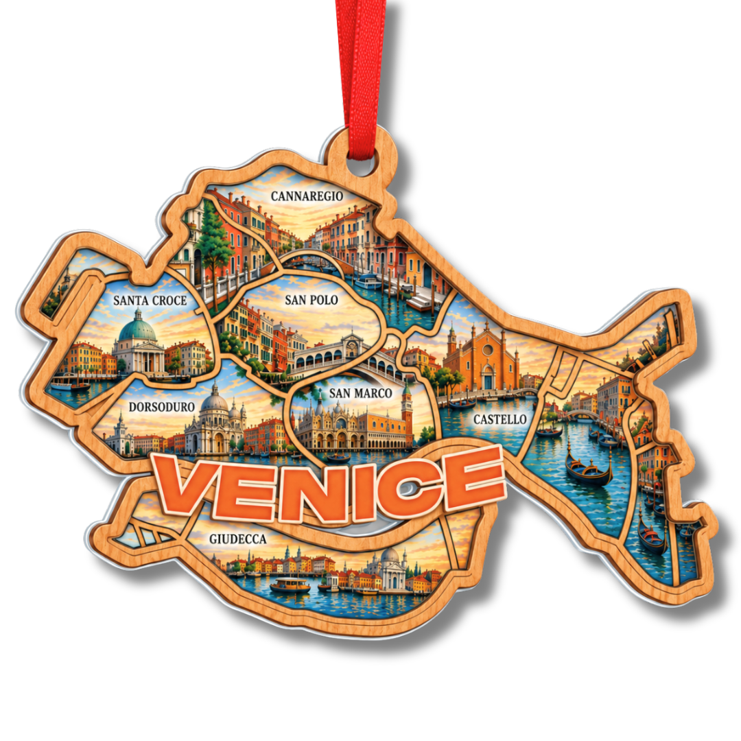 Venice Christmas Ornament, 2 Layer Wood and Acrylic, Christmas Tree Decoration, Travel Souvenir Gift