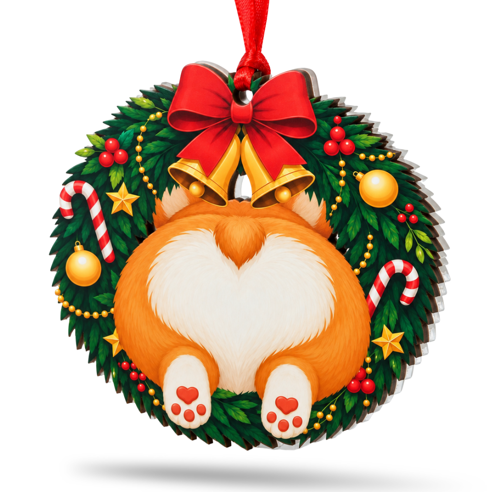 Corgi Dog Christmas Ornament for Tree, Wood & Acrylic Hanging Decor, Xmas Gift for Collectors & Holiday Decor Lovers