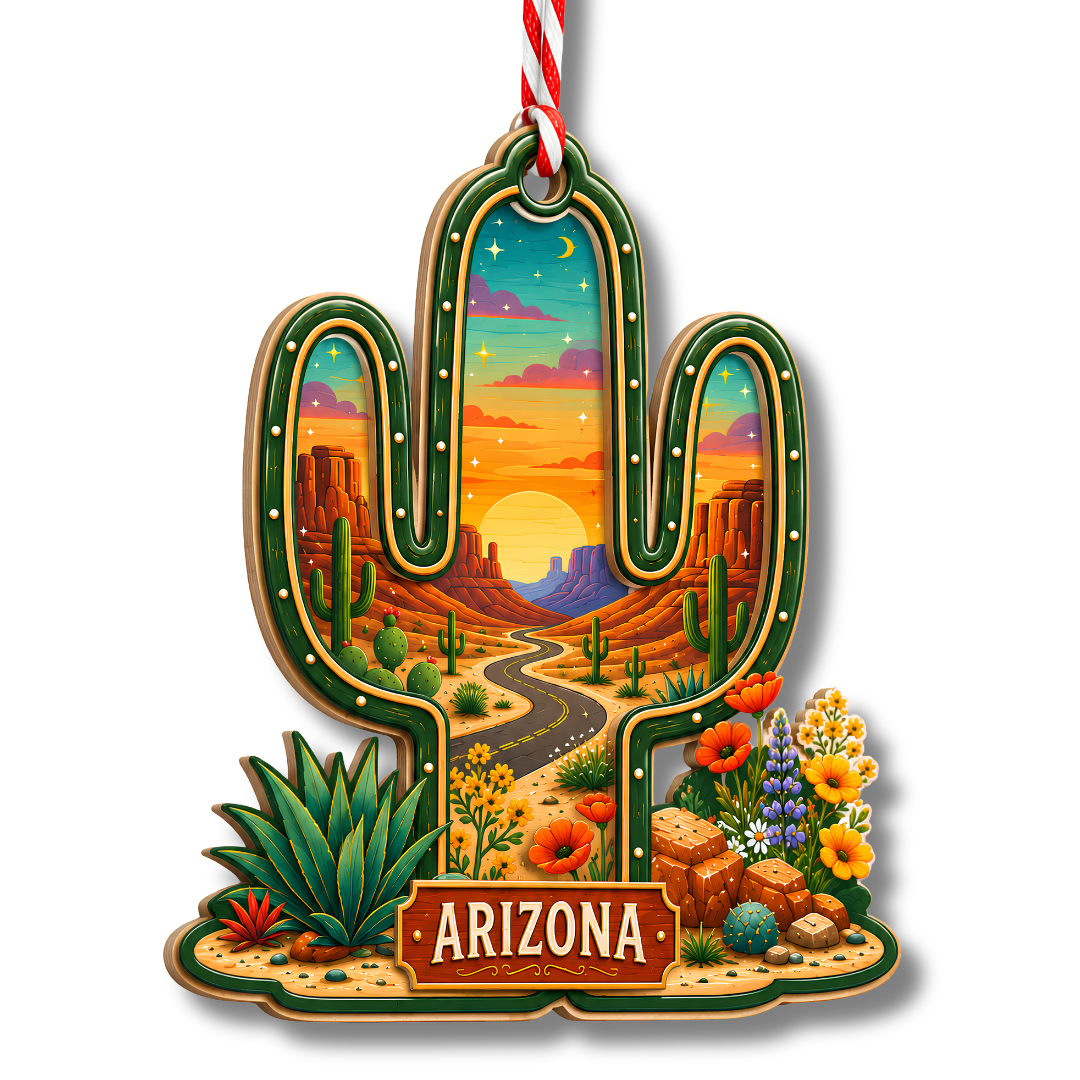 Arizona Christmas Ornament, 2 Layer Wood and Acrylic, Christmas Tree Decoration, Travel Souvenir Gift
