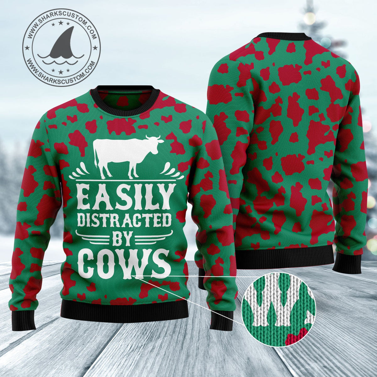 Easily Distracted by Cows Ugly Christmas Sweater, Funny Cow Lover Christmas Outfit for Parties and Family Photos