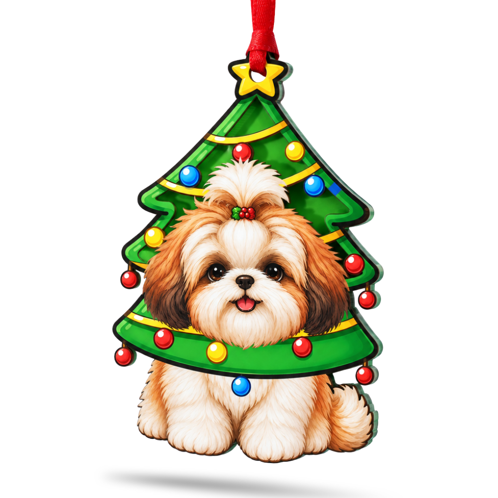 Shih Tzu Dog Christmas Ornament for Tree, Wood & Acrylic Hanging Decor, Xmas Gift for Collectors & Holiday Decor Lovers