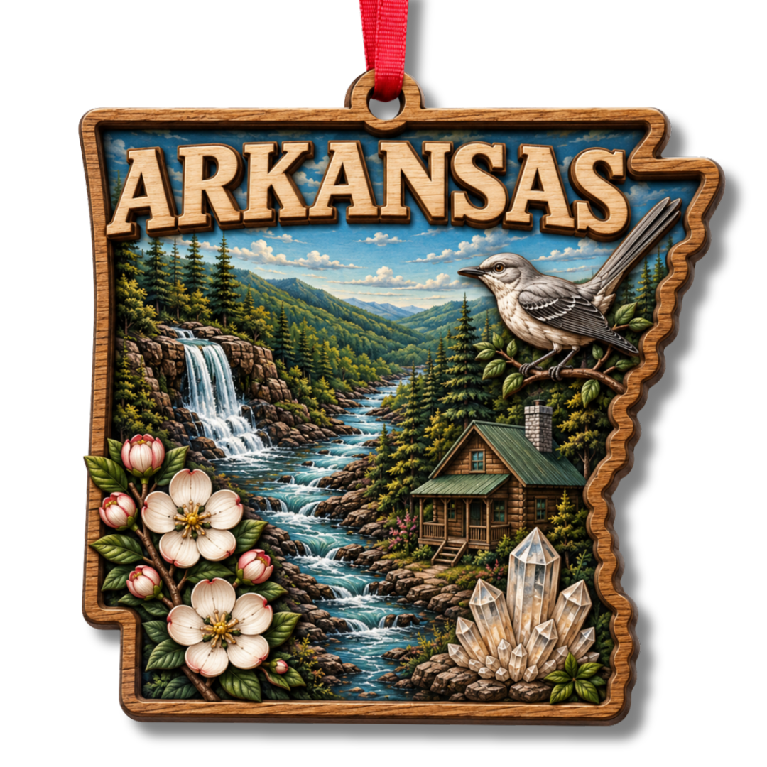 Arkansas Ornament, 2 Layer Wood and Acrylic, Christmas Tree Decoration, Travel Souvenir Gift, Christmas Ornament