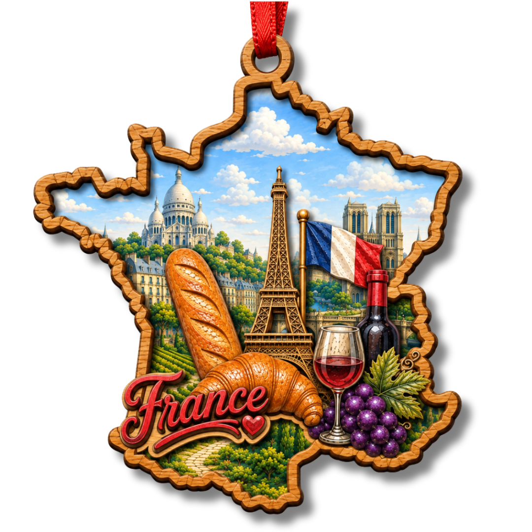 France Ornament, 2 Layer Wood and Acrylic, Christmas Tree Decoration, Travel Souvenir Gift, Christmas Ornament