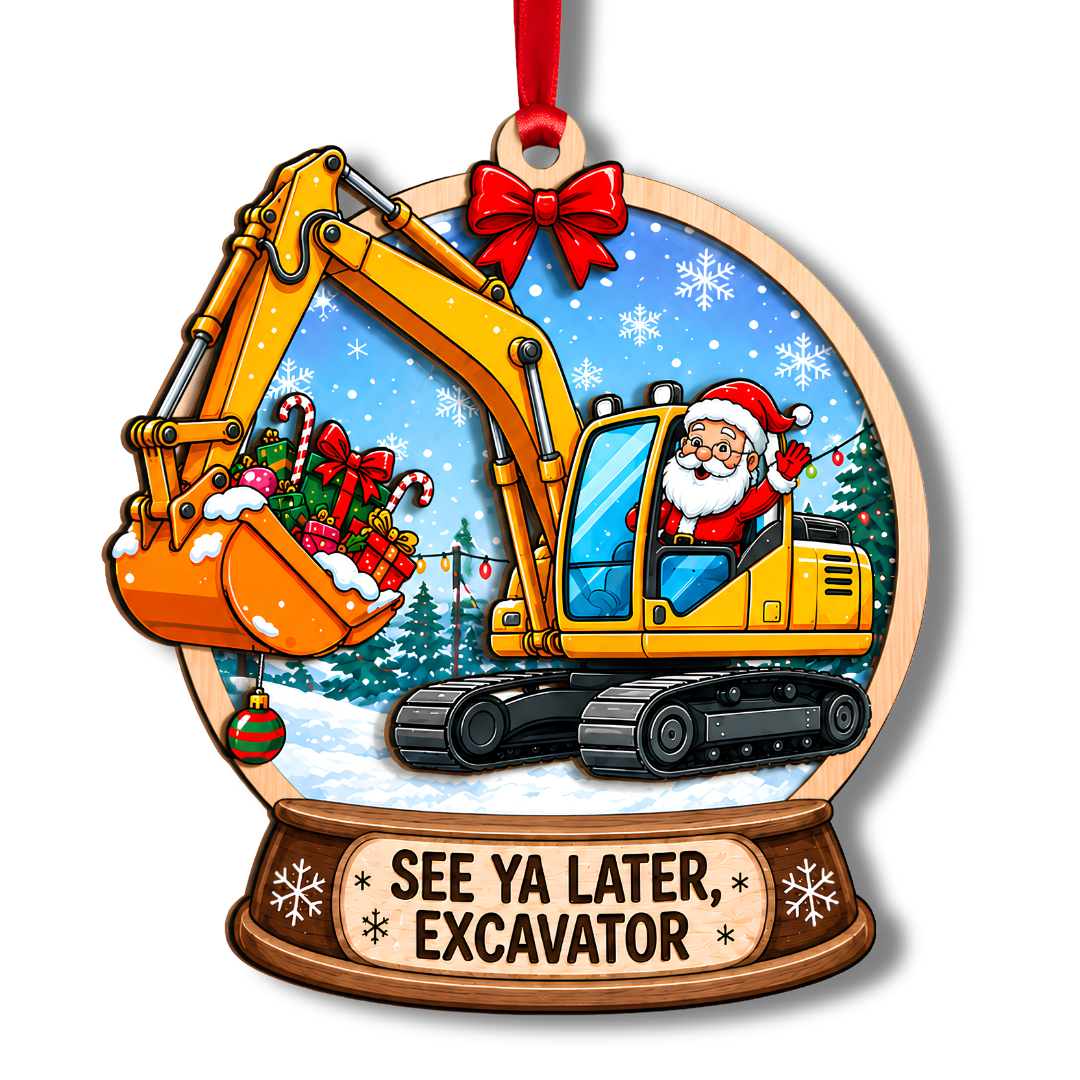 Excavator Ornament, 2 Layer Wood and Acrylic, Christmas Tree Decoration, Holiday Gift, Christmas Ornament