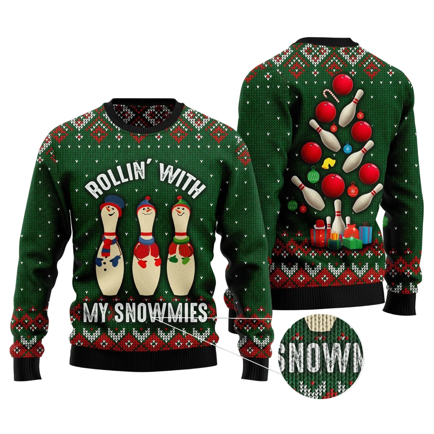 Bowling With My Snowmies Ugly Christmas Sweater, Funny Bowling Holiday Pullover, Holiday Party Outfit for Adults