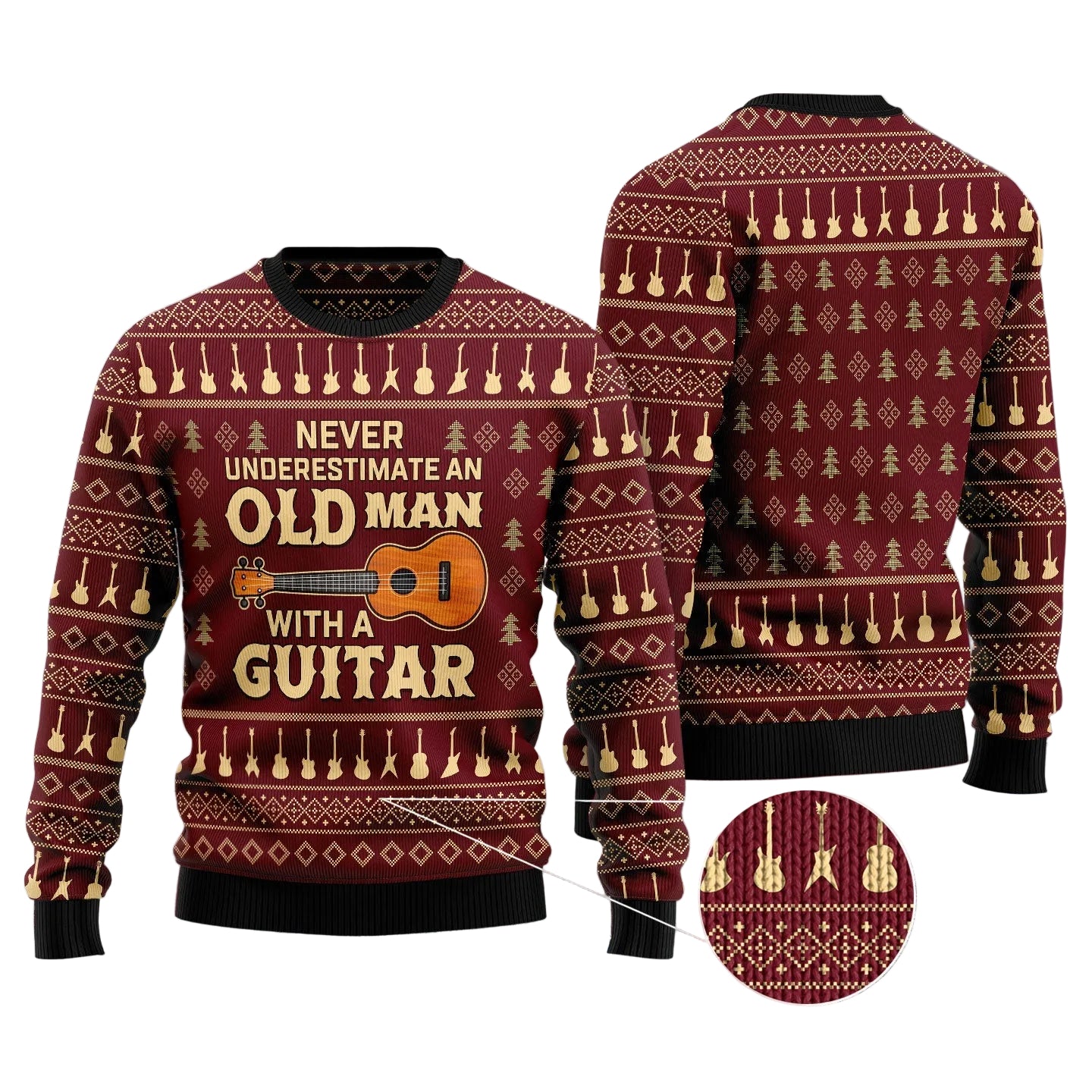 Old Man with a Guitar Ugly Christmas Sweater, Never Underestimate a Guitarist Holiday Pullover for Music Lovers