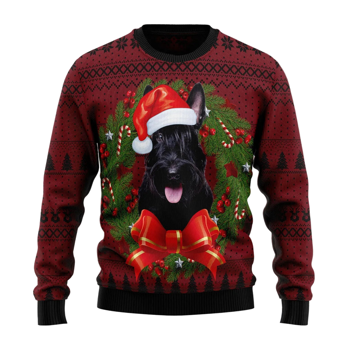 Scottish Terrier Wreath Ugly Christmas Sweater, Scottish Terrier Dog Christmas Wreath Design, Holiday Sweater for Adults