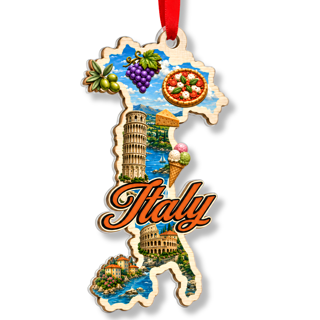 Italy Ornament, 2 Layer Wood and Acrylic, Christmas Tree Decoration, Travel Souvenir Gift, Christmas Ornament