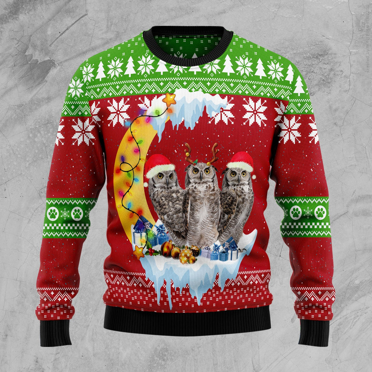 Owl Love Moon Ugly Christmas Sweater, Moonlit Owl Design Holiday Pullover for Owl Lovers and Birdwatchers