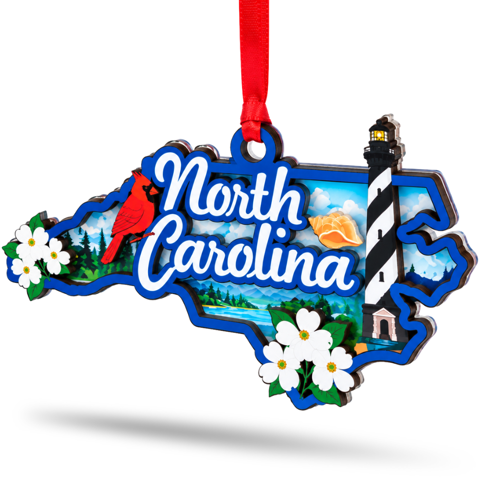North Carolina Christmas Ornament for Tree, Wood & Acrylic Hanging Decor, Xmas Gift for Residents Travelers State Lovers