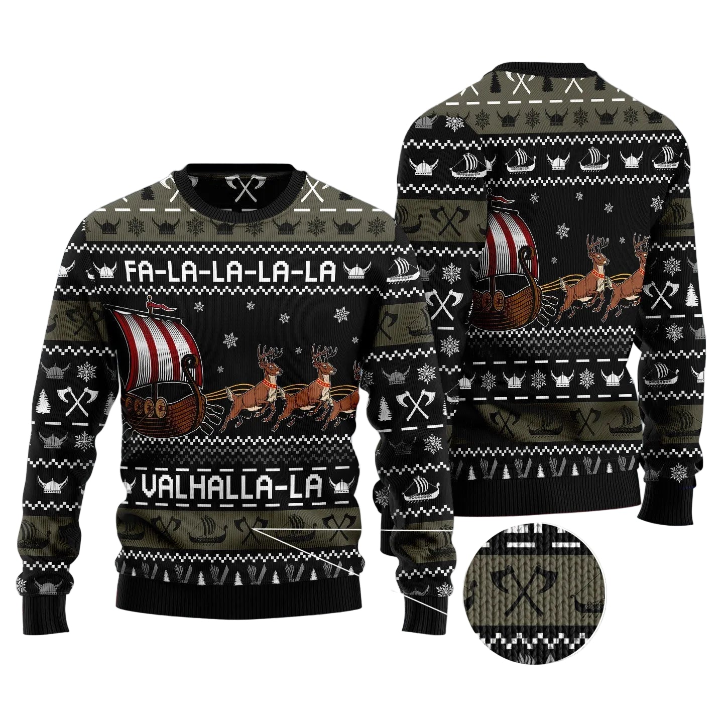 Fa-la-la-valhalla Viking Ship Ugly Christmas Sweater, Unisex Holiday Party Pullover, Funny Christmas Gift for Men Women