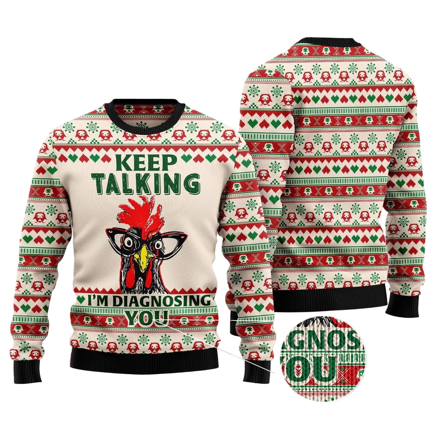 Diagnosing You Chicken Ugly Christmas Sweater, Funny Chicken Quote Pullover for Farm Fans, Fun Xmas Party Clothing