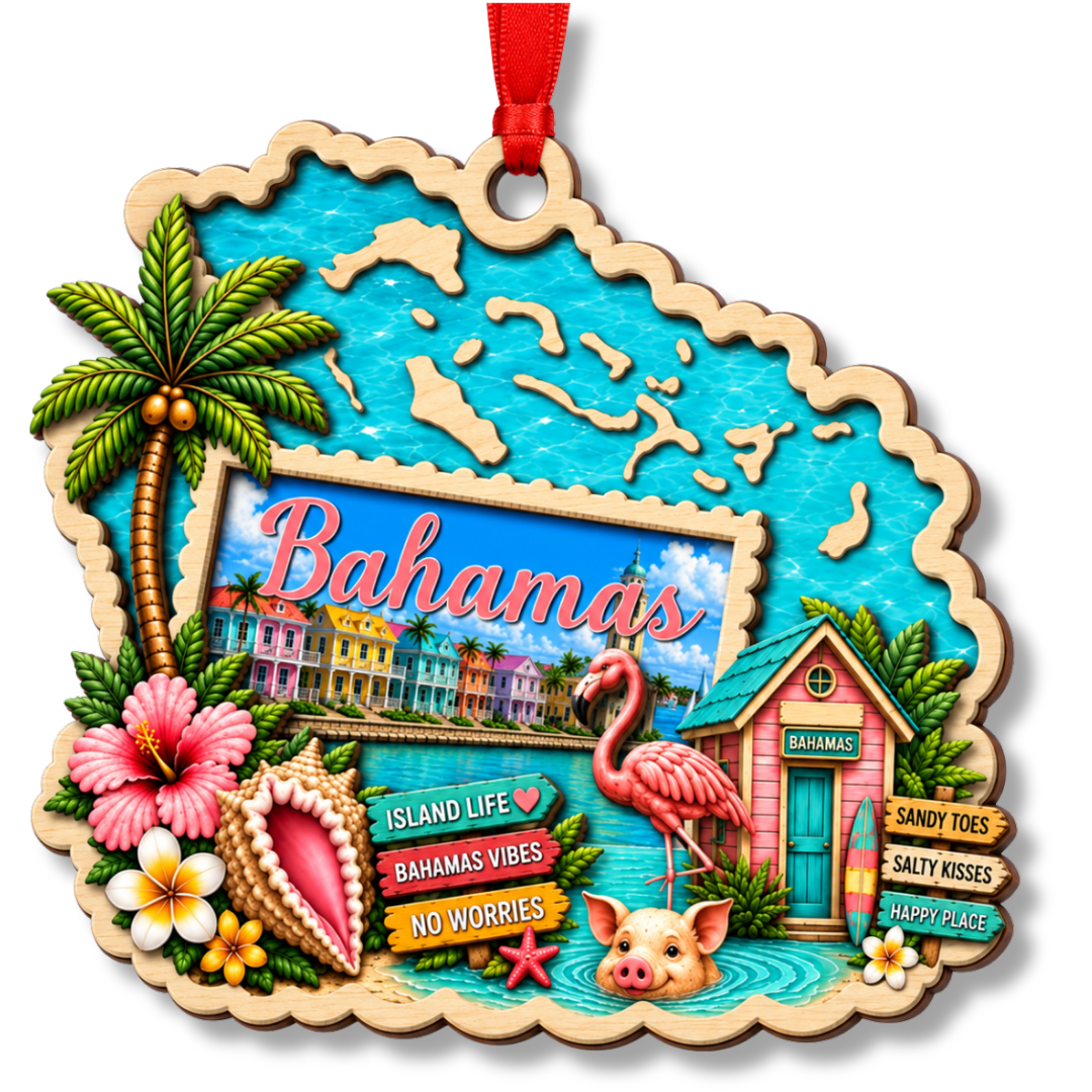 Bahamas Ornament, 2 Layer Wood and Acrylic, Christmas Tree Decoration, Travel Souvenir Gift, Christmas Ornament