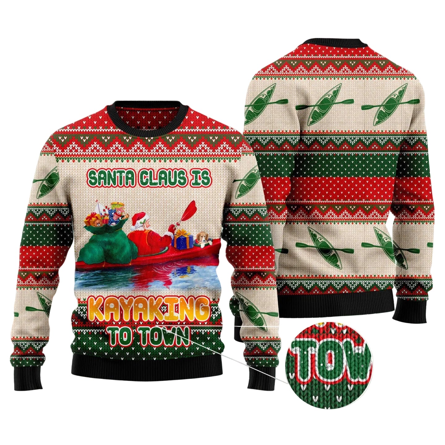 Santa Claus Is Kayaking to Town Ugly Christmas Sweater, Unisex Holiday Party Outfit, Gift for Kayakers and Outdoor Fans