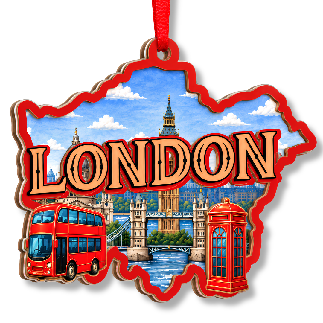 London Ornament, 2 Layer Wood and Acrylic, Christmas Tree Decoration, Travel Souvenir Gift, Christmas Ornament